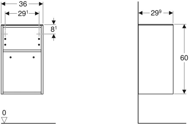 GEBERIT SMYLE SQUARE nízká skříňka 36x29,9x60 cm, 1 police, lesklá bílá/černá 500.358.00.1 Technický nákres
