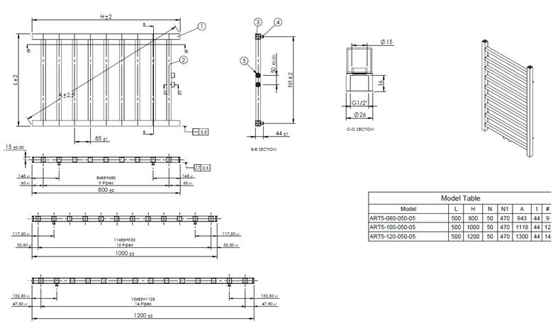 CONCEPT 200 CUBE koupelnový radiátor 1200/500, středové připojení, antracit 0346 ART5-120-050-05-0346 Technický nákres