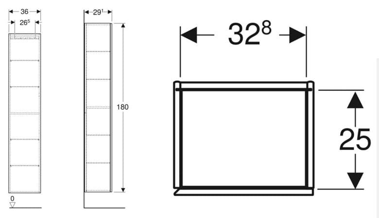 GEBERIT ICON vysoká skříňka 36x29,1x180 cm, 1 dvířka, Push-open, dub 502.316.JH.1 Technický nákres
