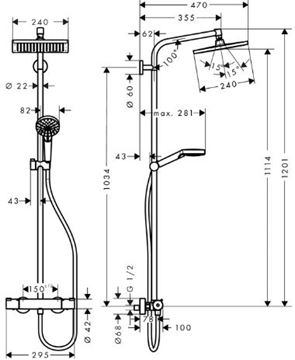 HANSGROHE CROMETTA E SHOWERPIPE 240 sprchový set s termostatickou baterií, horní sprcha, ruční sprcha se 2 proudy, tyč, hadice, chrom 27271000 Technický nákres