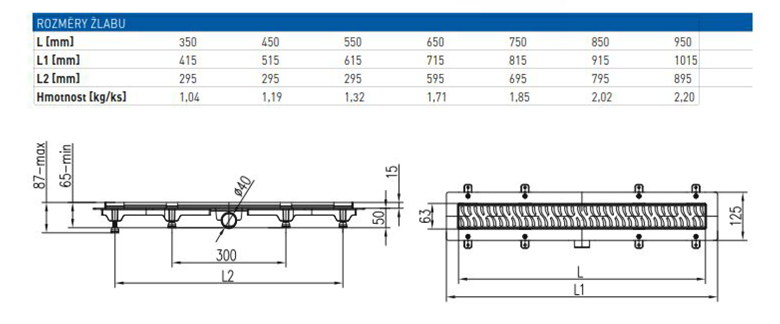 EASY sprchový žlab 950 mm, do prostoru, boční odtok D 40, rošt HARMONY, plast/nerez ocel, černá EPZ20-PPB-950 Technický nákres