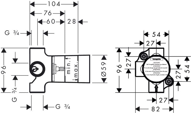 HANSGROHE TRIO podomítkové těleso 15981180 Technický nákres