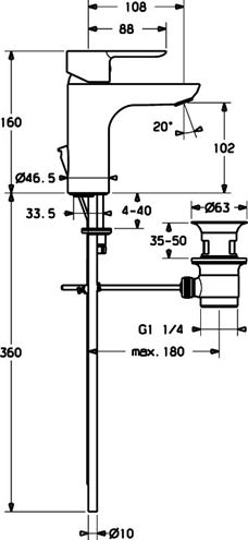 HANSA LIGNA umyvadlová stojánková baterie, s odtokovou soupravou, chrom 06092103 Technický nákres