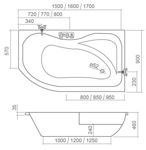 ROTH ACTIVA rohová vana 160x90 cm, bez nožiček, akrylát 8420000 Technický nákres