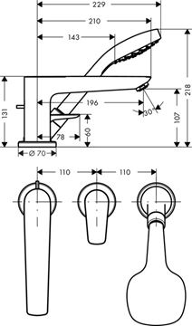 HANSGROHE TALIS E baterie na okraj vany, 3-otvorová, se sprchovou soupravou, chrom 71730000 Technický nákres