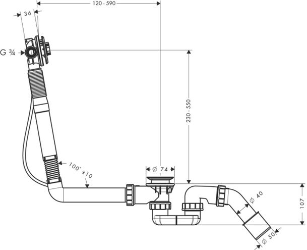 HANSGROHE EXAFILL S vanový sifon 78 cm, s napouštěním přepadem, bovden, chrom 58116180 Technický nákres