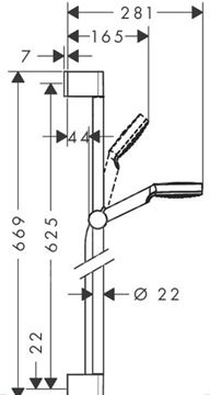 HANSGROHE CROMETTA 1JET sprchová souprava 3-dílná, ruční sprcha pr. 100 mm, tyč, hadice, Green, bílá/chrom 26554400 Technický nákres