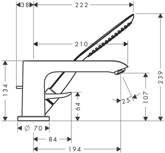 HANSGROHE METRIS baterie na okraj vany, 3-otvorová, se sprchovou soupravou, chrom 31190000 Technický nákres