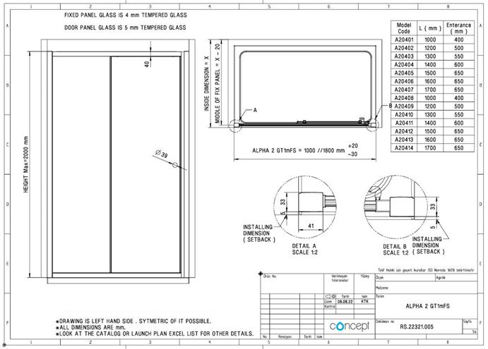 CONCEPT 100 BLACK EDITION sprchové dveře 140x200 cm, posuvné, černá/čiré sklo PTA20411.123.322 Technický nákres