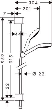 HANSGROHE CROMA SELECT E 1JET sprchová souprava 3-dílná, ruční sprcha 110x110 mm, tyč, hadice, bílá/chrom 26594400 Technický nákres