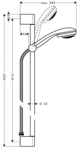 HANSGROHE CROMETTA 85 VARIO 2JET sprchová souprava 3-dílná, ruční sprcha pr. 85 mm, 2 proudy, tyč, hadice, chrom 27762000 Technický nákres