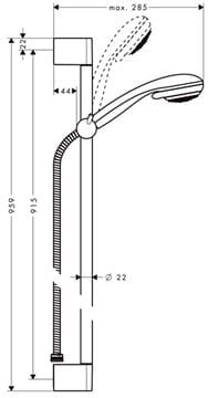 HANSGROHE CROMETTA 85 VARIO 2JET sprchová souprava 3-dílná, ruční sprcha pr. 85 mm, 2 proudy, tyč, hadice, chrom 27762000 Technický nákres