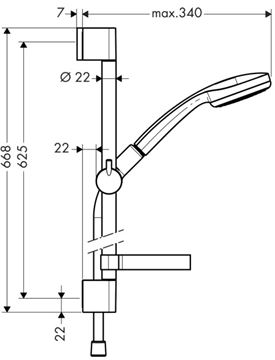 HANSGROHE CROMA 100 1JET sprchová souprava 4-dílná, ruční sprcha pr. 100 mm, tyč, hadice, mýdlenka, chrom 27717000 Technický nákres