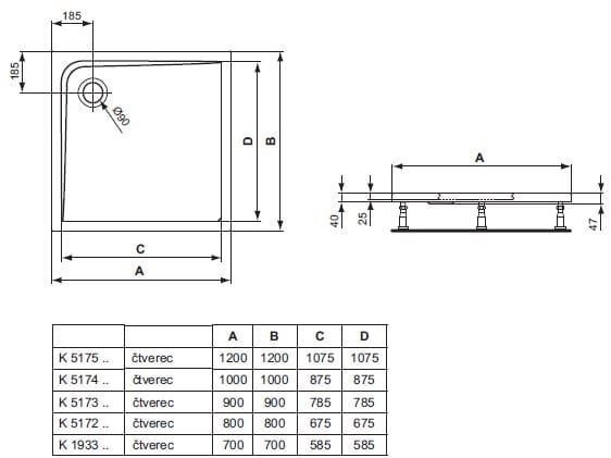 IDEAL STANDARD ULTRA FLAT sprchová vanička 100x100 cm, akrylát, bez nožiček K517401 Technický nákres