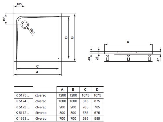 IDEAL STANDARD ULTRA FLAT sprchová vanička 90x90 cm, akrylát, bez nožiček K517301 Technický nákres