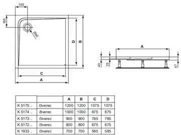 IDEAL STANDARD ULTRA FLAT sprchová vanička 90x90 cm, akrylát, bez nožiček K517301 Technický nákres