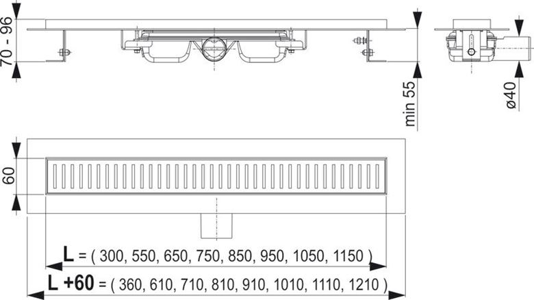 CONCEPT 100 LOW sprchový žlab 850 mm, do prostoru, boční odtok DN 40, bez roštu, PP/nerez ocel ZPC101-850 Technický nákres