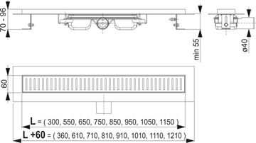 CONCEPT 100 LOW sprchový žlab 850 mm, do prostoru, boční odtok DN 40, bez roštu, PP/nerez ocel ZPC101-850 Technický nákres