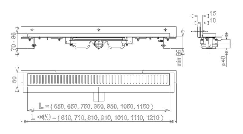 CONCEPT 100 FLEXIBLE LOW sprchový žlab 750 mm, ke stěně, boční odtok DN 40, bez roštu, PP/nerez ocel ZPC104-750 FLEX Technický nákres