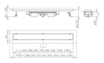 CONCEPT 100 PROFESSIONAL LOW sprchový žlab 950 mm, do prostoru i ke stěně, boční odtok DN 40, bez roštu, PP/nerez ocel ZPC106-950 Technický nákres