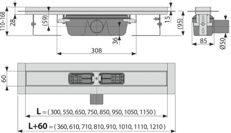 CONCEPT 100 PROFESSIONAL sprchový žlab 850 mm, do prostoru i ke stěně, boční odtok DN 50, bez roštu, PP/nerez ocel ZPC6-850 Technický nákres