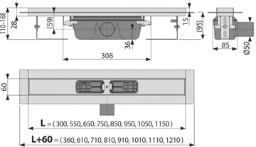 CONCEPT 100 PROFESSIONAL sprchový žlab 950 mm, do prostoru i ke stěně, boční odtok DN 50, bez roštu, PP/nerez ocel ZPC6-950 Technický nákres