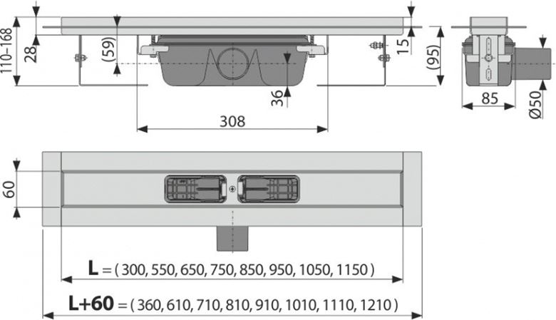 CONCEPT 100 PROFESSIONAL sprchový žlab 950 mm, do prostoru i ke stěně, boční odtok DN 50, bez roštu, PP/nerez ocel ZPC6-950 Technický nákres
