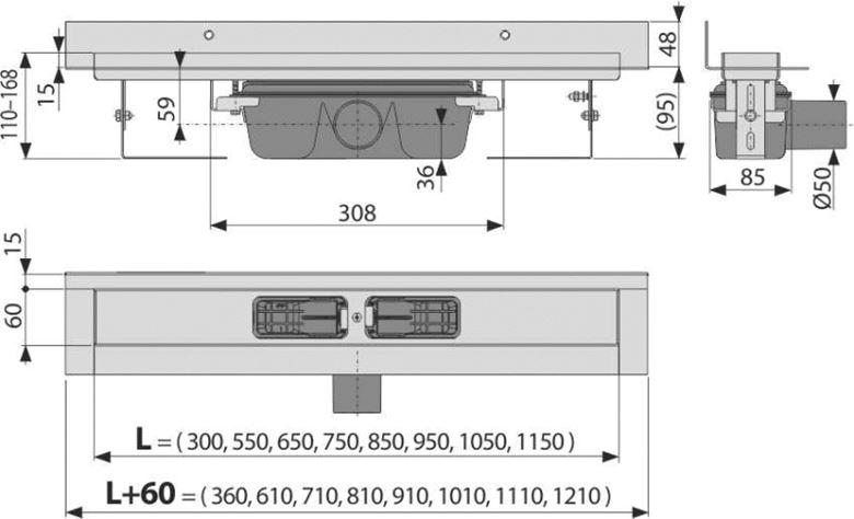 CONCEPT 100 WALL sprchový žlab 950 mm, ke stěně, boční odtok DN 50, bez roštu, PP/nerez ocel ZPC16-950 Technický nákres