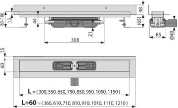 CONCEPT 100 WALL LOW sprchový žlab 1050 mm, ke stěně, boční odtok DN 40, bez roštu, PP/nerez ocel ZPC116-1050 Technický nákres