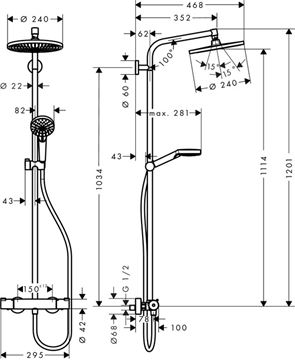 HANSGROHE CROMETTA S SHOWERPIPE 240 sprchový set s termostatickou baterii, horní sprcha, ruční sprcha se 2 proudy, tyč, hadice, chrom 27267000 Technický nákres