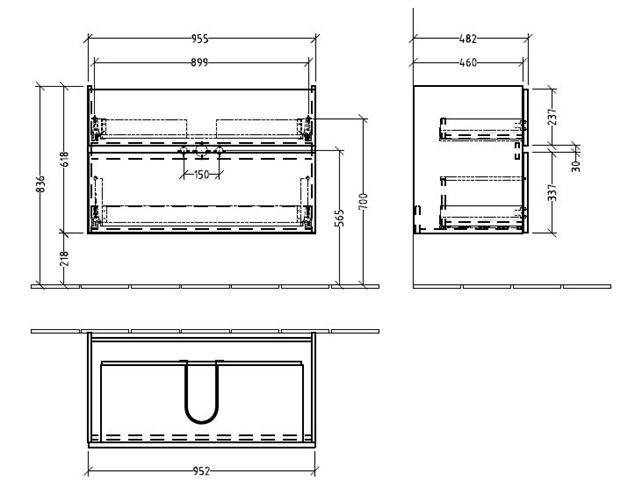 VILLEROY & BOCH VERITY LINE skříňka pod umyvadlo 95,5x48,2x61,8 cm, 2 zásuvky, Glossy White B66000DH Technický nákres
