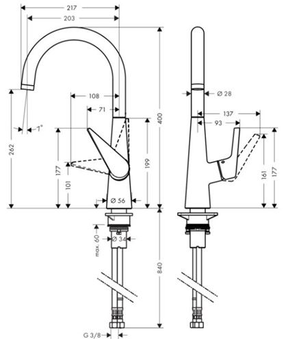 HANSGROHE TALIS M51 dřezová baterie, nerez 72810800 Technický nákres