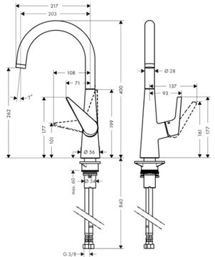 HANSGROHE TALIS M51 dřezová baterie, nerez 72810800 Technický nákres