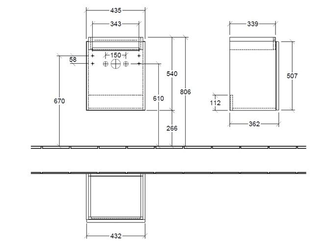VILLEROY & BOCH VERITY DESIGN 2.0 skříňka pod umývátko 43,5x36,2x54 cm, 1 dvířka, panty vlevo, Oak Nebraska B07800PJ Technický nákres