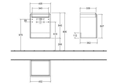 VILLEROY & BOCH VERITY DESIGN 2.0 skříňka pod umývátko 43,5x36,2x54 cm, 1 dvířka, panty vlevo, Oak Nebraska B07800PJ Technický nákres
