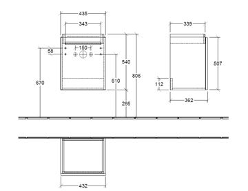 VILLEROY & BOCH VERITY DESIGN 2.0 skříňka pod umývátko 43,5x36,2x54 cm, 1 dvířka, panty vpravo, Oak Nebraska B07801PJ Technický nákres
