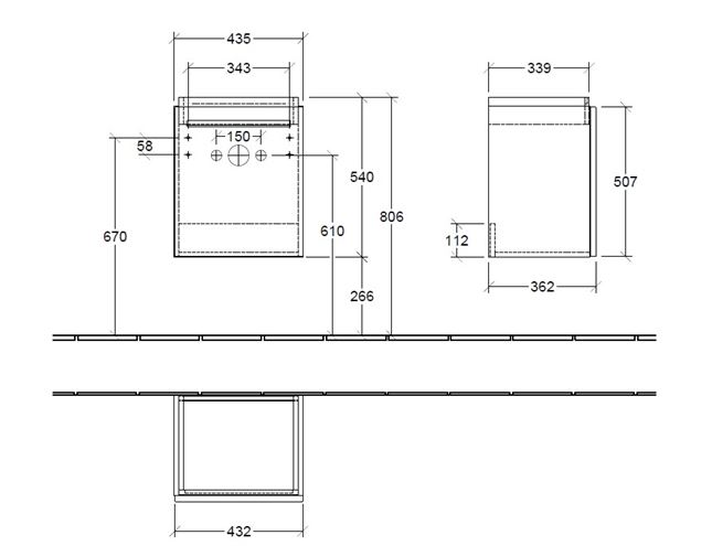 VILLEROY & BOCH VERITY DESIGN 2.0 skříňka pod umývátko 43,5x36,2x54 cm, 1 dvířka, panty vpravo, Oak Nebraska B07801PJ Technický nákres