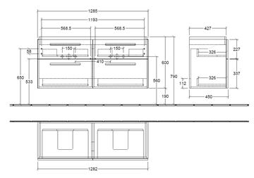 VILLEROY & BOCH VERITY DESIGN 2.0 skříňka pod dvojumyvadlo 128,5x45x60 cm, 4 zásuvky, Oak Kansas B07200RH Technický nákres