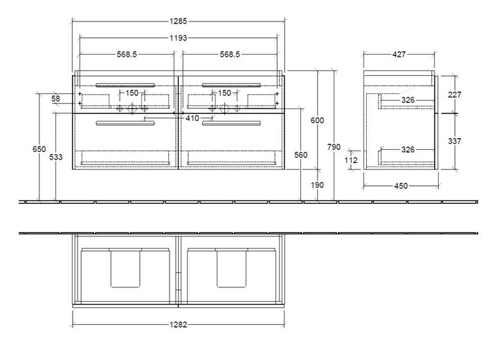 VILLEROY & BOCH VERITY DESIGN 2.0 skříňka pod dvojumyvadlo 128,5x45x60 cm, 4 zásuvky, Black Matt B07200VC Technický nákres