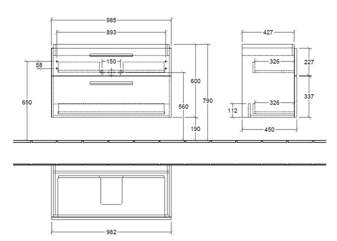 VILLEROY & BOCH VERITY DESIGN 2.0 skříňka pod umyvadlo 98,5x45x60 cm, 2 zásuvky, Black Matt B07300VC Technický nákres