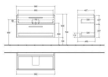 VILLEROY & BOCH VERITY DESIGN 2.0 skříňka pod umyvadlo 98,5x45x60 cm, 2 zásuvky, Black Matt B07300VC Technický nákres