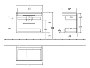 VILLEROY & BOCH VERITY DESIGN 2.0 skříňka pod umyvadlo 78,5x45x60 cm, 2 zásuvky, Sandgrey Matt B07400VD Technický nákres