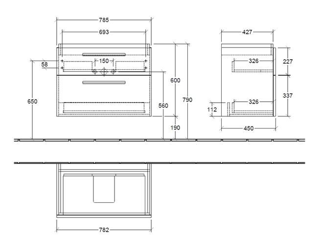 VILLEROY & BOCH VERITY DESIGN 2.0 skříňka pod umyvadlo 78,5x45x60 cm, 2 zásuvky, Sandgrey Matt B07400VD Technický nákres