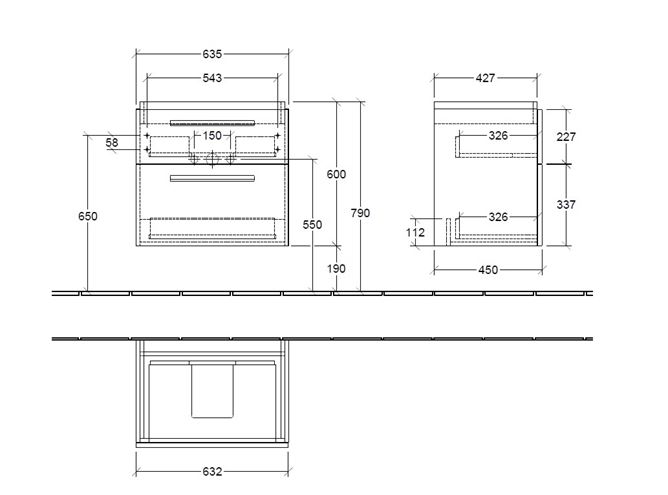 VILLEROY & BOCH VERITY DESIGN 2.0 skříňka pod umyvadlo 63,5x45x60 cm, 2 zásuvky, Oak Kansas B07500RH Technický nákres