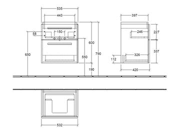 VILLEROY & BOCH VERITY DESIGN 2.0 skříňka pod umyvadlo 53,5x42x60 cm, 2 zásuvky, Oak Kansas B07700RH Technický nákres