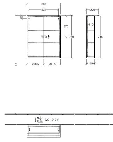 VILLEROY & BOCH VERITY DESIGN 2.0 zrcadlová skříňka 60x76x14,9 cm, osvětlení, se zvětšovacím zrcátkem, vypínačem a el. zásuvkou, Black Matt A46560VC Technický nákres