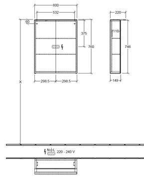 VILLEROY & BOCH VERITY DESIGN 2.0 zrcadlová skříňka 60x76x14,9 cm, osvětlení, se zvětšovacím zrcátkem, vypínačem a el. zásuvkou, Black Matt A46560VC Technický nákres