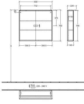 VILLEROY & BOCH VERITY DESIGN 2.0 zrcadlová skříňka 80x76x14,9 cm, osvětlení, se zvětšovacím zrcátkem, vypínačem a el. zásuvkou, Black Matt A46580VC Technický nákres