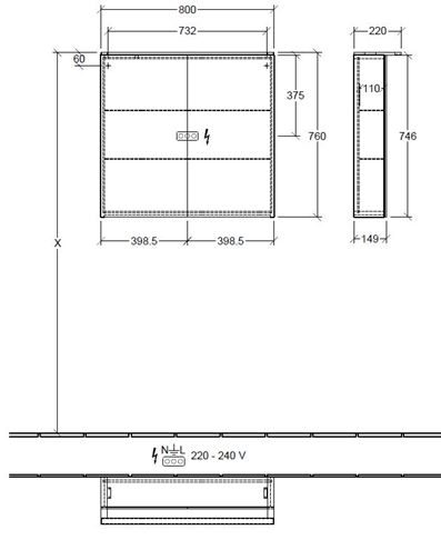 VILLEROY & BOCH VERITY DESIGN 2.0 zrcadlová skříňka 80x76x14,9 cm, osvětlení, se zvětšovacím zrcátkem, vypínačem a el. zásuvkou, Black Matt A46580VC Technický nákres