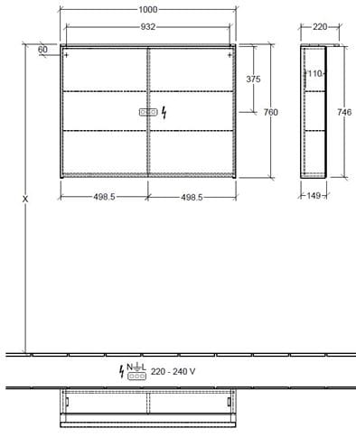 VILLEROY & BOCH VERITY DESIGN 2.0 zrcadlová skříňka 100x76x14,9 cm, osvětlení, se zvětšovacím zrcátkem, vypínačem a el. zásuvkou, Black Matt A46510VC Technický nákres